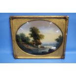 A VICTORIAN REVERSE PAINTED GLASS PICTURE OF A LANDSCAPE IN GILT FRAME 51 CM X 42 CM