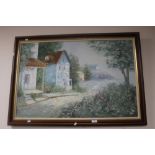 A FRAMED OIL ON CANVAS OF A RURAL SCENE SIGNED BUEEL 101 CM X 71 CM