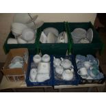 A LARGE SELECTION OF WHITE CAFE STYLE CUPS, PLATES, TEAPOTS ETC. (CONTAINERS NOT INCLUDED)
