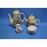 A TEAPOT, A COFFEE POT, A MILK JUG AND A SUGAR BOWL TO INCLUDE ROYAL WORCESTER, ALL SIGNED F. CLARK