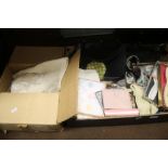 A BOX OF LINEN, BOXED LADIES HANDKERCHIEFS, PURSES, HATS, HANDBAGS ETC.