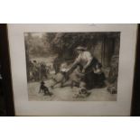 A LARGE ANTIQUE PRINT DEPICTING A MILK MAID 96 CM X 83 CM