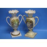 TWO ROYAL CREAMWARE VASES WITH DECORATIVE PANELS SIGNED F. CLARK (A ROYAL WORCESTER PAINTER)