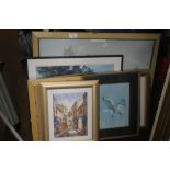 A QUANTITY OF PICTURES AND PRINTS TO INCLUDE A STREET SCENE