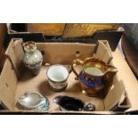 A BOX OF LUSTREWARE JUGS, WITH ROYAL DOULTON VASE H 27 CM