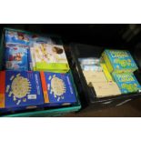 TWO TRAYS OF CHILDREN'S GAMES TO INCLUDE MEMORY CHESS, SNAKES & LADDERS, FROZEN, PUZZLES ETC.