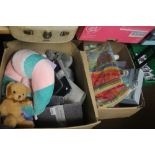 TWO BOXES OF MAINLY CHILDREN'S ITEMS TO INCLUDE SOFT TOYS, PEN SETS ETC.