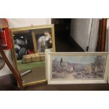 A GILT FRAMED MIRROR TOGETHER WITH A PRINT