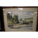 A FRAMED AND GLAZED WATERCOLOUR OF A RIVER SCENE SIGNED G W SIMS