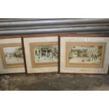 CECIL ALDIN - THREE SIGNED FRAMED AND GLAZED PRINTS OF STREET SCENES AND A STABLEYARD SCENE ALL