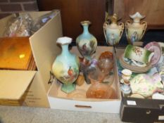 TWO TRAYS OF CERAMICS AND GLASSWARE TO INCLUDE VICTORIAN STYLE VASES TOGETHER WITH A BOX OF ASSORTED