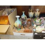 TWO TRAYS OF CERAMICS AND GLASSWARE TO INCLUDE VICTORIAN STYLE VASES TOGETHER WITH A BOX OF ASSORTED