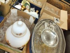 A COLLECTION OF GLASSWARE AND SUNDRIES TO INCLUDE SILVER PLATED SERVING TRAYS, BOOKS ETC