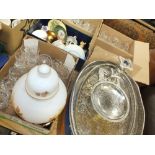 A COLLECTION OF GLASSWARE AND SUNDRIES TO INCLUDE SILVER PLATED SERVING TRAYS, BOOKS ETC