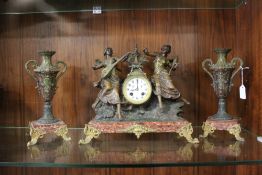 A FRENCH EIGHT DAY FEMALE FIGURAL CLOCK GARNITURE, the movement signed Societe Clusienne S.C.A.P.