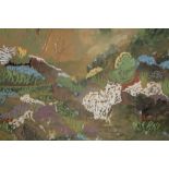 A GILT FRAMED GOUACHE PAINTING OF AN IMPRESSIONIST COUNTRY LANDSCAPE SIZE-35CM X 50CM