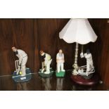 A CRICKET THEMED TABLE LAMP, TOGETHER WITH THREE CRICKET INTEREST CAST METAL DOORSTOPS (4)