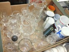 A TRAY OF MOSTLY CUT GLASS TO INCLUDE A WATERFORD CRYSTAL JUG