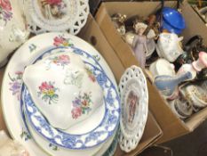 TWO TRAYS OF ASSORTED CERAMICS TO INCLUDE WEDGWOOD JASPERWARE, MATT FINISH COALPORT FIGURE ETC