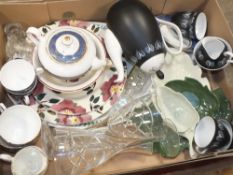 TWO BOXES OF ASSORTED CERAMICS AND GLASSWARE TO INCLUDE PORTMEIRION, CUT GLASS WINE GLASSES