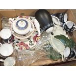 TWO BOXES OF ASSORTED CERAMICS AND GLASSWARE TO INCLUDE PORTMEIRION, CUT GLASS WINE GLASSES