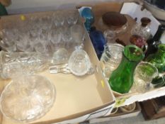 TWO TRAYS OF GLASSWARE TO INCLUDE DECANTERS, COLOURED GLASS ETC