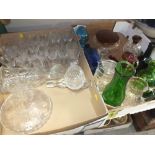 TWO TRAYS OF GLASSWARE TO INCLUDE DECANTERS, COLOURED GLASS ETC