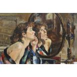 LOUISE RILEY-SMITH - A FRAMED OIL ON CANVAS OF A LADY SEATED AT A DRESSING TABLE ENTITLED '