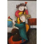 J. ROYBAL - A FRAMED MODERN OIL ON CANVAS OF FIGURES PLAYING GUITARS SIGNED LOWER RIGHT SIZE -