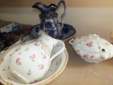 TWO LARGE FLORAL CERAMIC JUG AND BOWL SETS, TOGETHER WITH AN ALCOCKS SPIRALWARE JUG AND TWO TUREENS