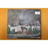 AN OIL PAINTING ON SLATE DEPICTING COTTAGES SIZE - 24CM X 27CM `