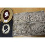 AN ANTIQUE SILHOUETTE PORTRAIT MINIATURE, TOGETHER WITH A PORCELAIN PLAQUE OF KING GEORGE AND FOUR