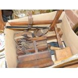A BOX OF VINTAGE WOODEN PLANES, CHISELS ETC