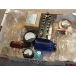 A BOX OF SCIENTIFIC ITEMS TO INCLUDE A VOLTMETER, CHEMISTRY JARS ETC.