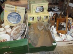 THREE BOXES OF CERAMICS AND GLASSWARE TO INCLUDE BOXED INDIAN TREE CHINA, AYNSLEY AND ROYAL