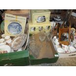 THREE BOXES OF CERAMICS AND GLASSWARE TO INCLUDE BOXED INDIAN TREE CHINA, AYNSLEY AND ROYAL