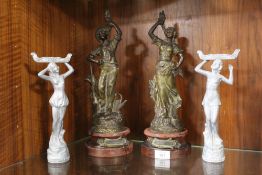 A PAIR OF SPELTER STYLE FIGURES ENTITLED JARDINIERE AND MORRISON, TOGETHER WITH A PAIR OF FIGURAL