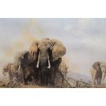 DAVID SHEPHERD - A FRAMED AND GLAZED SIGNED LIMITED EDITION PRINT ENTITLED 'ELEPHANTS IN TSAVO