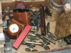 A TRAY OF COLLECTABLES TO INCLUDE MINIATURE CANONS, BINOCULARS PICTURE EASEL ETC