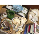 THREE BOXES OF CHINA AND CERAMICS TO INCLUDE AYNSLEY FIGURES, TAIN POTTERY TUREEN ETC