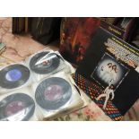 A BOX OF 7" SINGLE RECORDS TO INCLUDE THE KINKS,. THE BRYDS ETC TOGETHER WITH A BAG OF LP'S, A