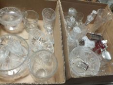 TWO LARGE TRAYS OF CUT GLASS ETC TO INCLUDE DECANTERS ETC, SILVER PLATED DECANTER LABELS ETC