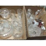 TWO LARGE TRAYS OF CUT GLASS ETC TO INCLUDE DECANTERS ETC, SILVER PLATED DECANTER LABELS ETC