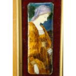 A GILT FRAMED ENAMEL PLAQUE OF A LADY IN AN ORANGE DRESS PLAQUE SIZE - 13CM X 5CM