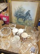 A BOX OF MOSTLY GLASSWARE TO INCLUDE A WATERFORD CRYSTAL ASHTRAY TOGETHER WITH A ZEBRA PRINT