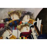 J. ROYBAL- A FRAMED MODERN OIL ON CANVAS OF MUSICIANS AROUND A PIANO SIGNED LOWER RIGHT SIZE -30CM X