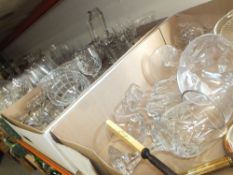 FIVE TRAYS OF CUT GLASS ETC TO INCLUDE A THOMAS WEBB CRYSTAL DECANTER, CUT GLASS CANDLESTICKS ETC