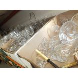 FIVE TRAYS OF CUT GLASS ETC TO INCLUDE A THOMAS WEBB CRYSTAL DECANTER, CUT GLASS CANDLESTICKS ETC