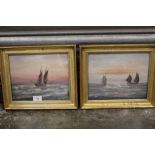 A PAIR OF GILT FRAMED AND GLAZED OIL PAINTINGS OF SAIL SHIPS AT SEA SIGNED J H WEST LOWER RIGHT SIZE