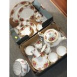 TWO BOXES OF ROYAL ALBERT OLD COUNTRY ROSES CHINA TO INCLUDE A TEAPOT, CAKE STAND ETC